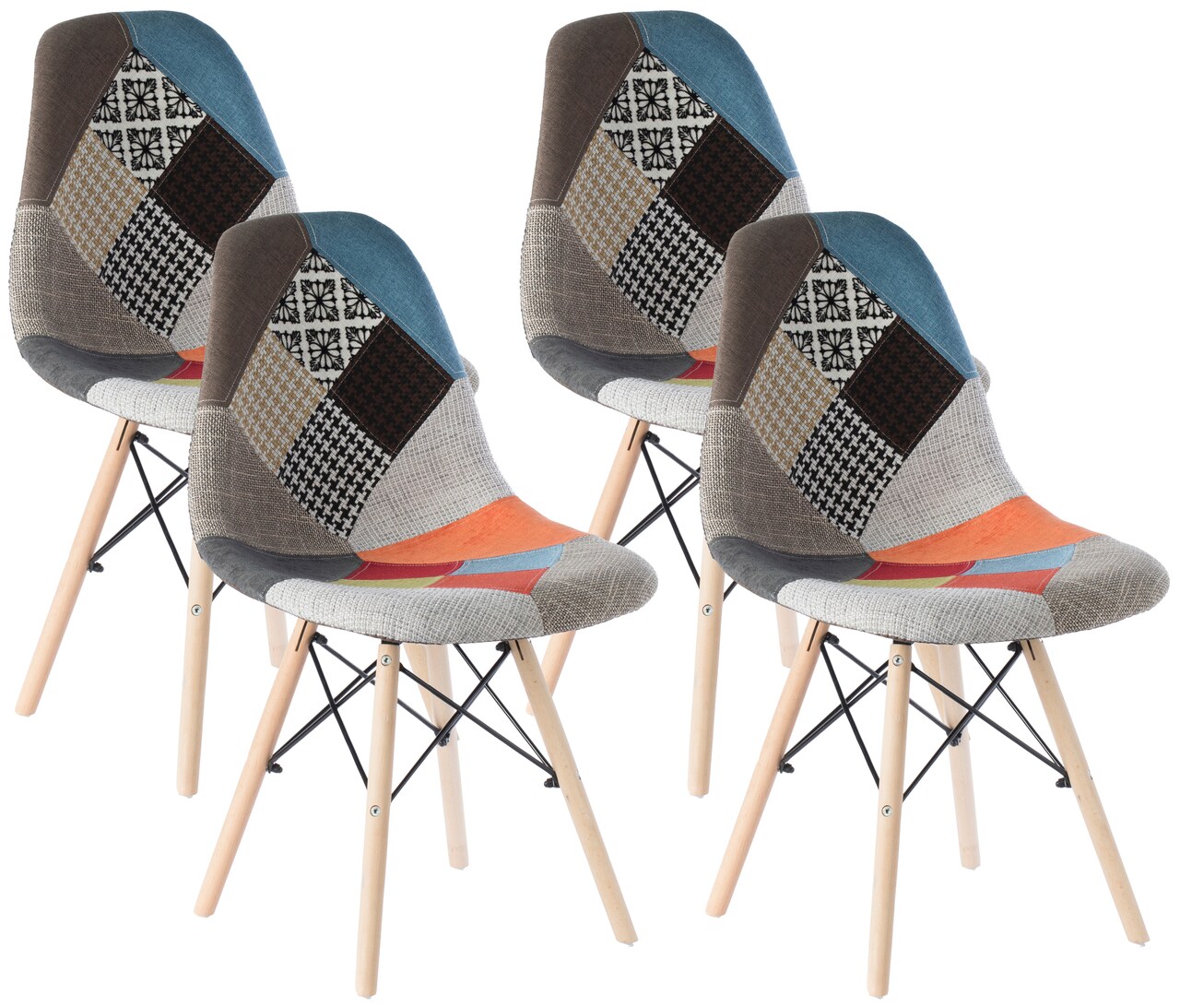 Mid-Century Modern Upholstered Plastic Multicolor Fabric Patchwork DSW Shell Dining Chair with Wooden Dowel Eiffel Legs